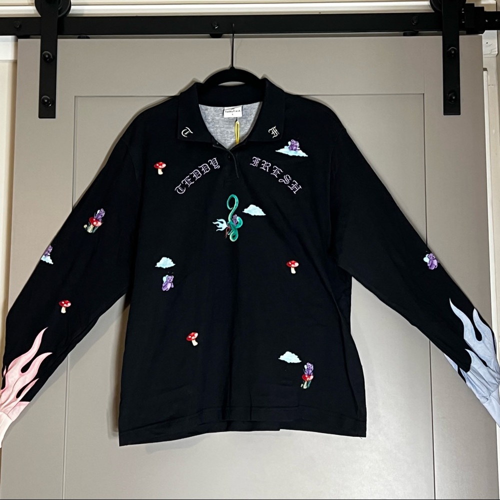 Teddy Fresh X Dr. Albert Frankenstein LARGE NWT Women’s Flame Polo🔥 🍄 🧸 ☁️ 🐉
